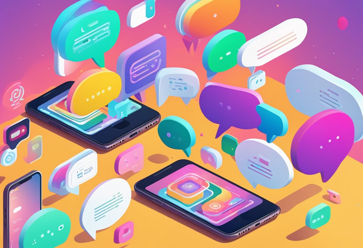 A colorful array of speech bubbles with various TikTok quotes floating above a smartphone screen