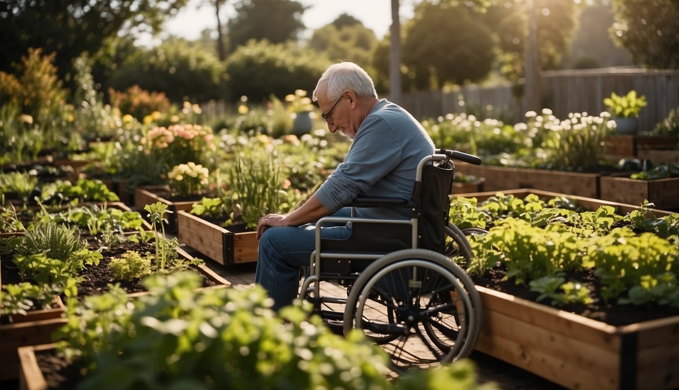 A person in a wheelchair tends to a raised garden bed, easily reaching plants at a comfortable height. The bed is designed with accessible features for ease of use