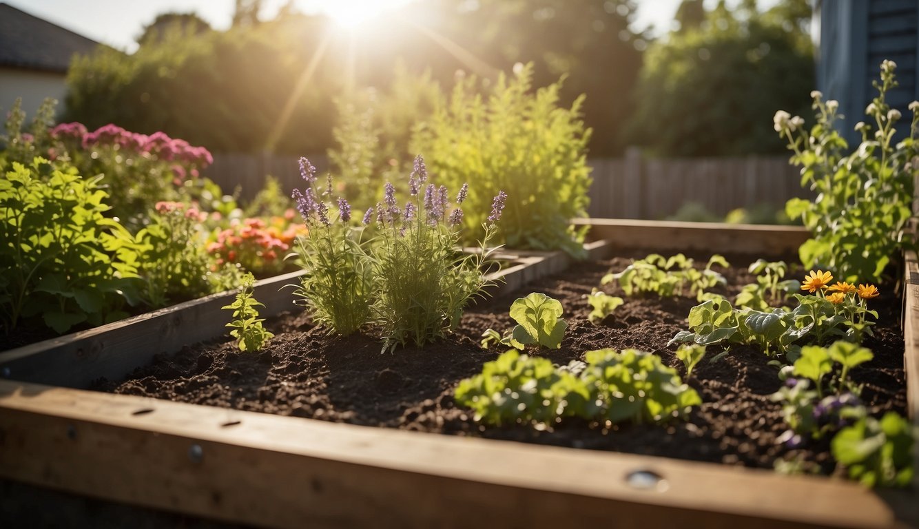 A raised garden bed sits in a sunny, level area with good drainage. It is surrounded by a mix of flowers, herbs, and vegetables, with a compost bin nearby