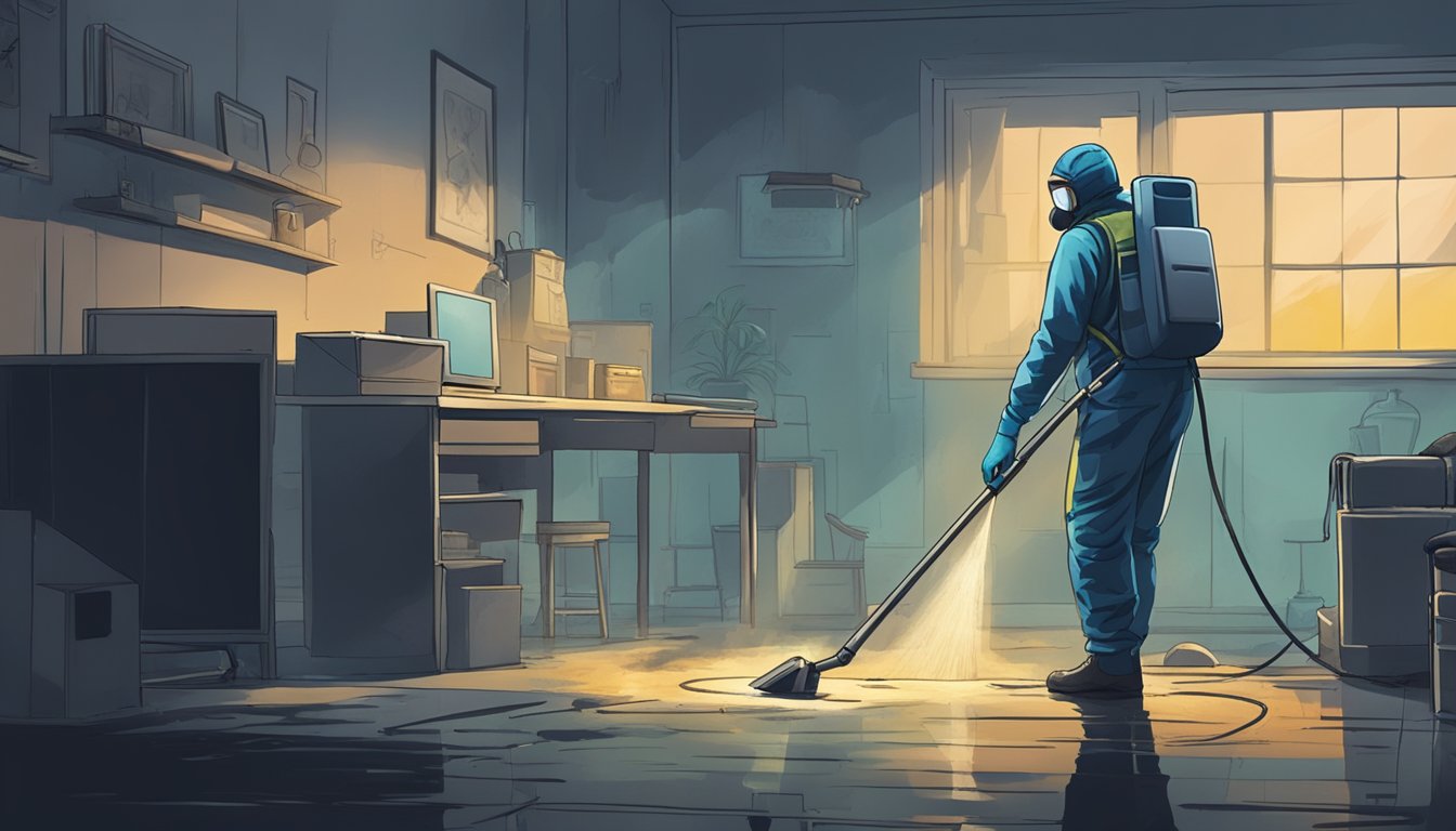 A dark, damp room with visible mold growth on walls and ceilings. Musty odor lingers in the air. A person wearing a mask and gloves is cleaning the area