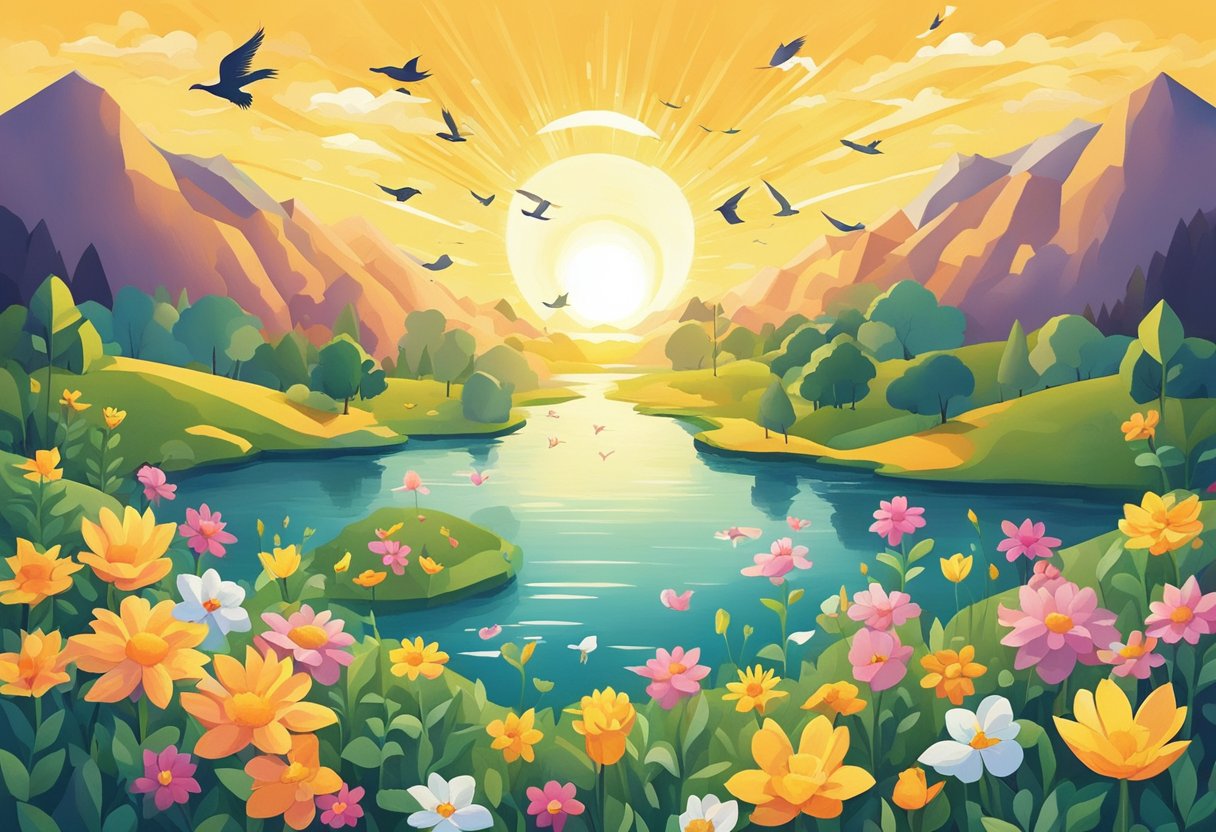A sun rising over a tranquil landscape with birds chirping and flowers blooming, evoking a sense of peace and optimism
