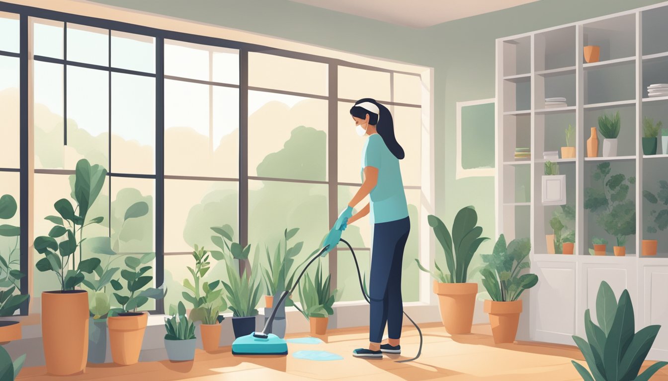 A clean, minimalist home with open windows, plants, and natural light. A person is using non-toxic cleaning products to scrub walls and surfaces