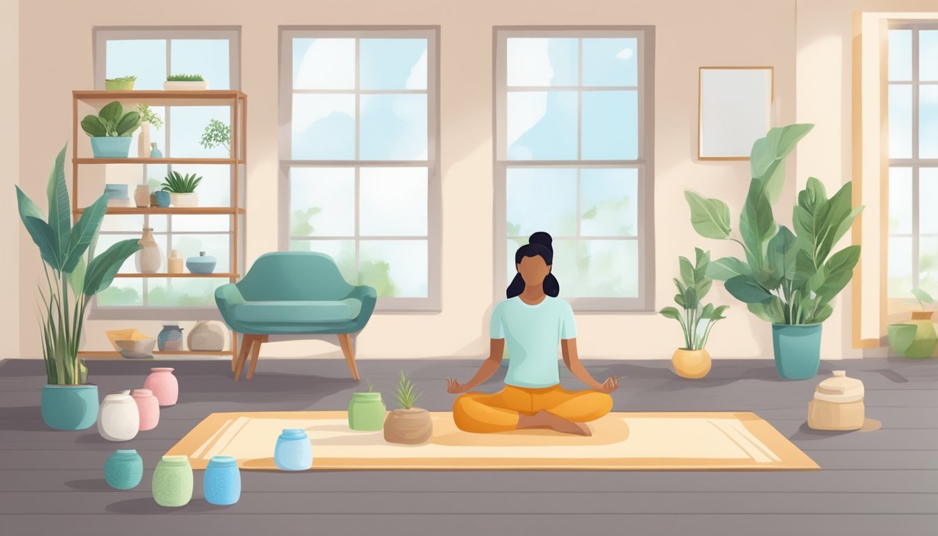A clean, organized home with natural cleaning products, air purifiers, and mold-resistant materials. A person practicing yoga or meditation for stress relief