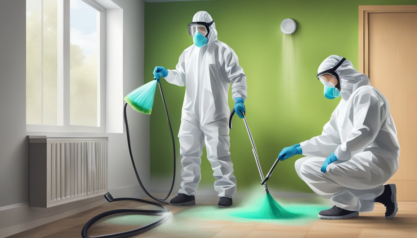 A person in protective gear sprays and scrubs mold-infested walls and surfaces, using cleaning products and tools to remove the toxic mold from the home