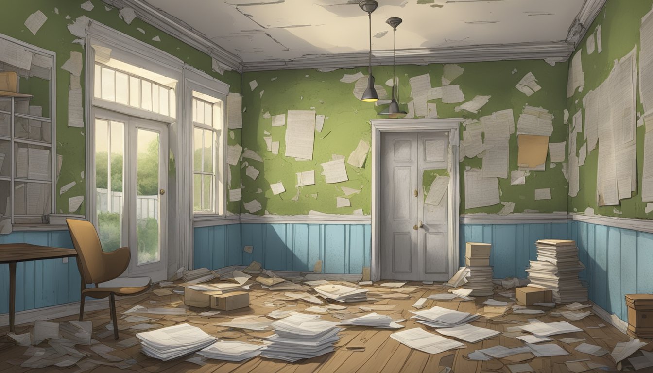 A dilapidated house with mold-infested walls and ceilings. Legal documents and rights posters are scattered around the room