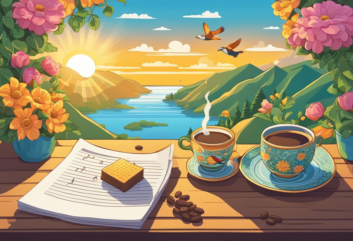 A bright sunrise over a serene landscape, with colorful flowers and birds chirping. A steaming cup of coffee sits on a table with a note that reads "Good morning!"