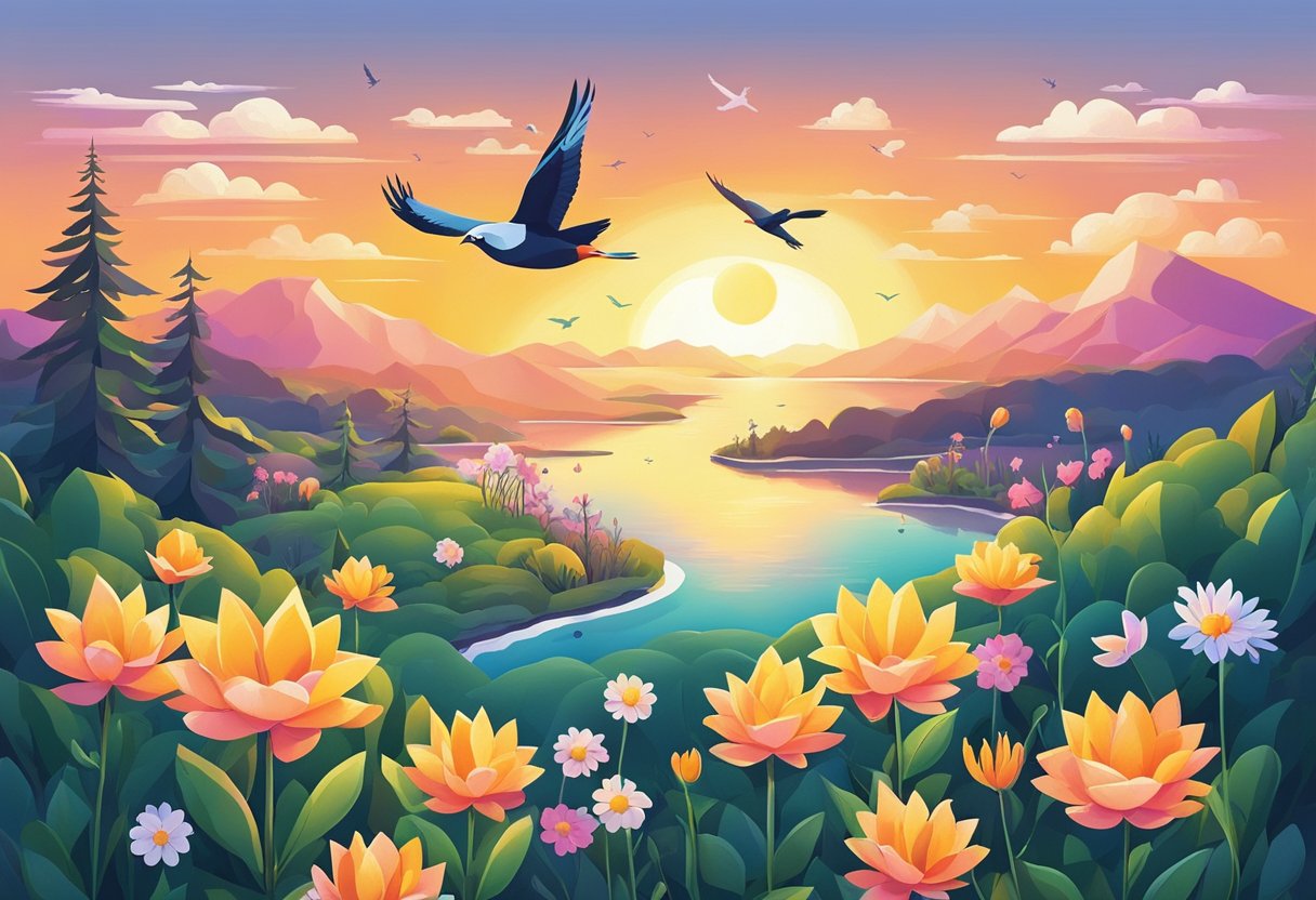 A bright sunrise over a calm, serene landscape with birds chirping and flowers blooming, evoking a sense of peace and positivity