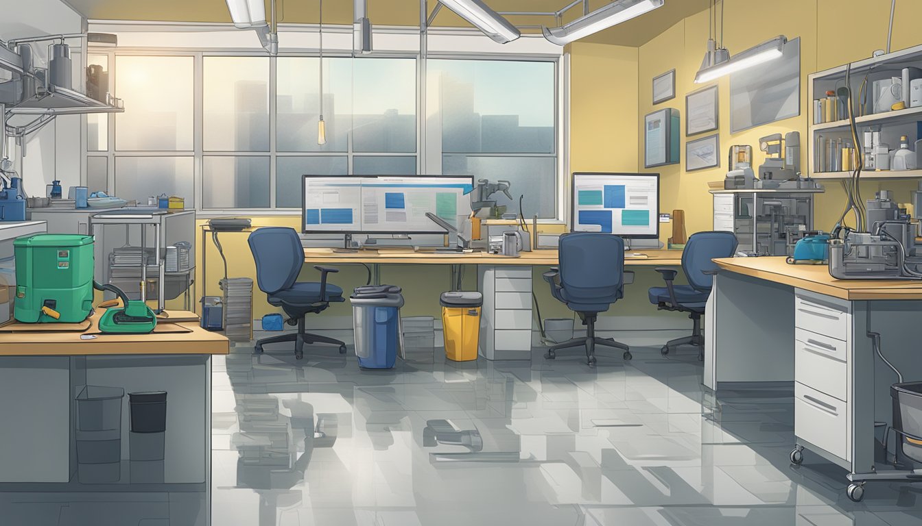 Various tools and equipment are shown in use, such as air scrubbers, dehumidifiers, and mold removal solutions. The scene depicts a clean and organized workspace with a focus on the remediation process