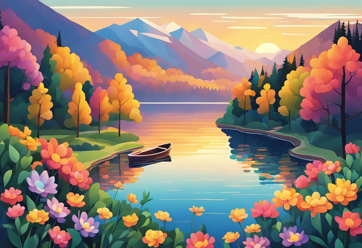A bright sunrise over a calm lake, with colorful flowers blooming on the shore. A gentle breeze rustles the leaves of nearby trees