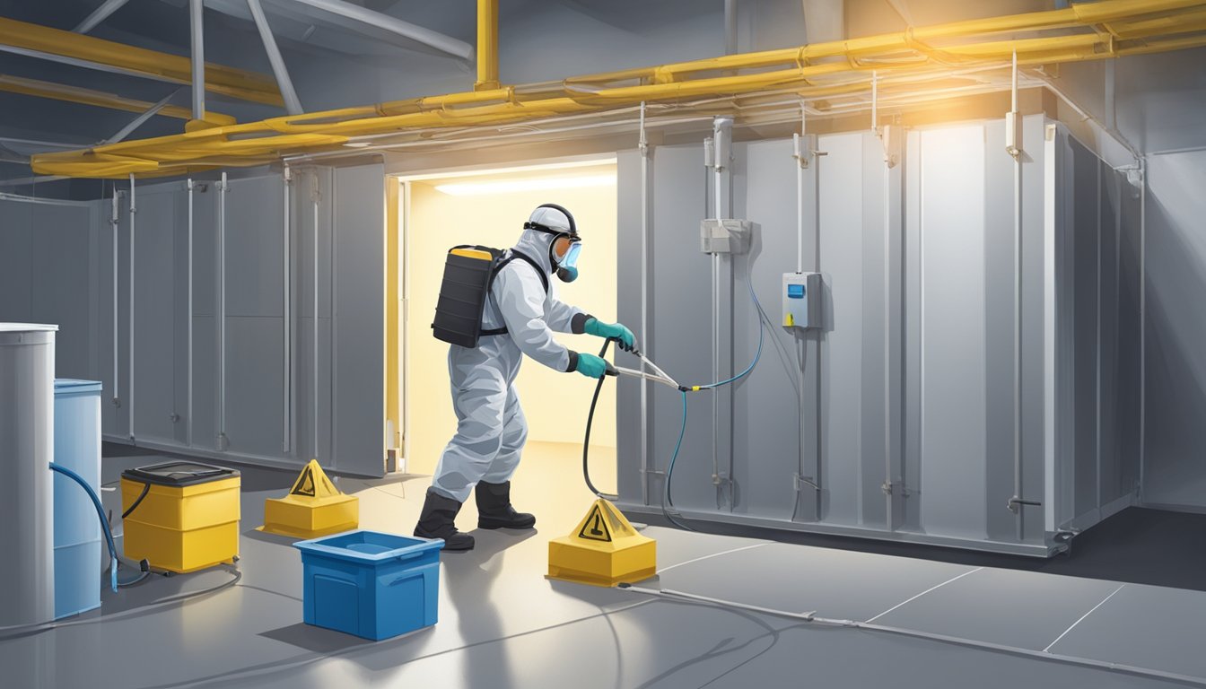 A technician in protective gear spraying a mold-infested area with a specialized solution. Ventilation equipment and containment barriers are in place