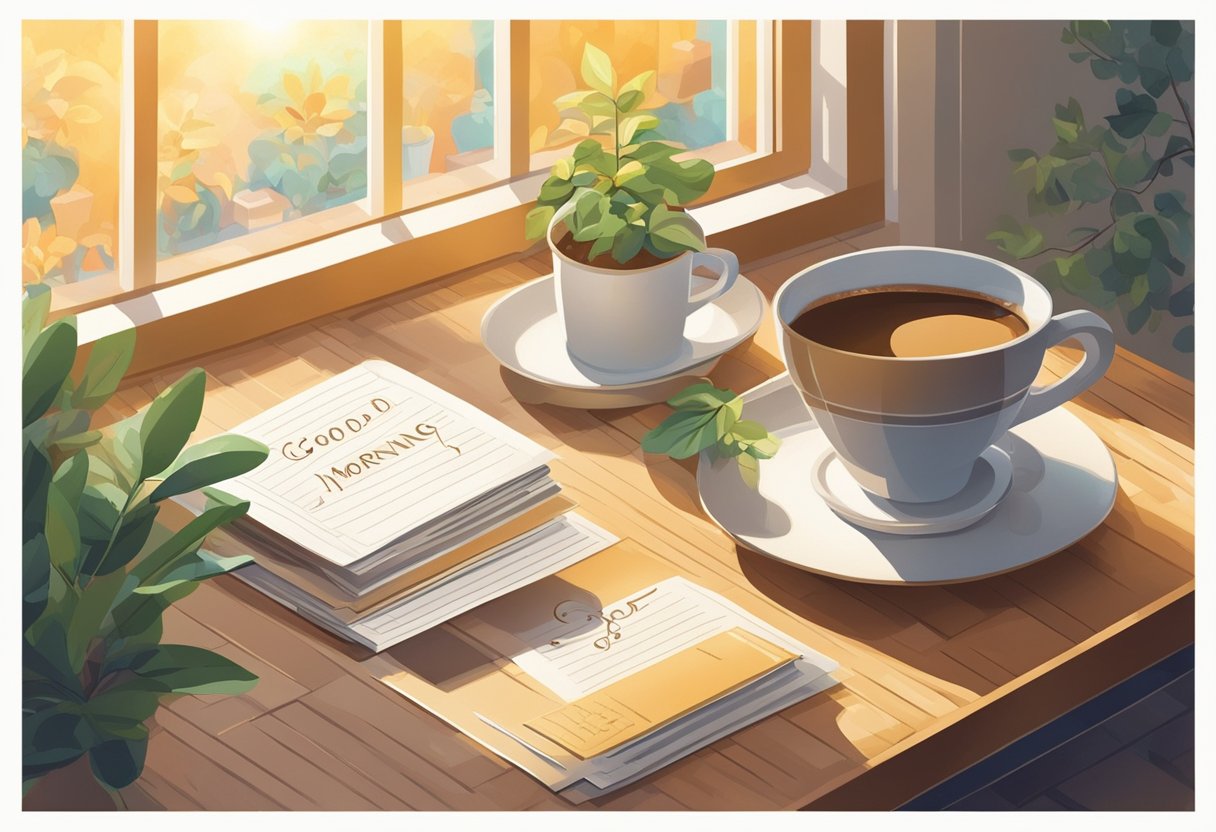 A steaming cup of coffee sits on a table, surrounded by a soft glow of morning light. A note with a heartfelt "good morning" message rests next to it