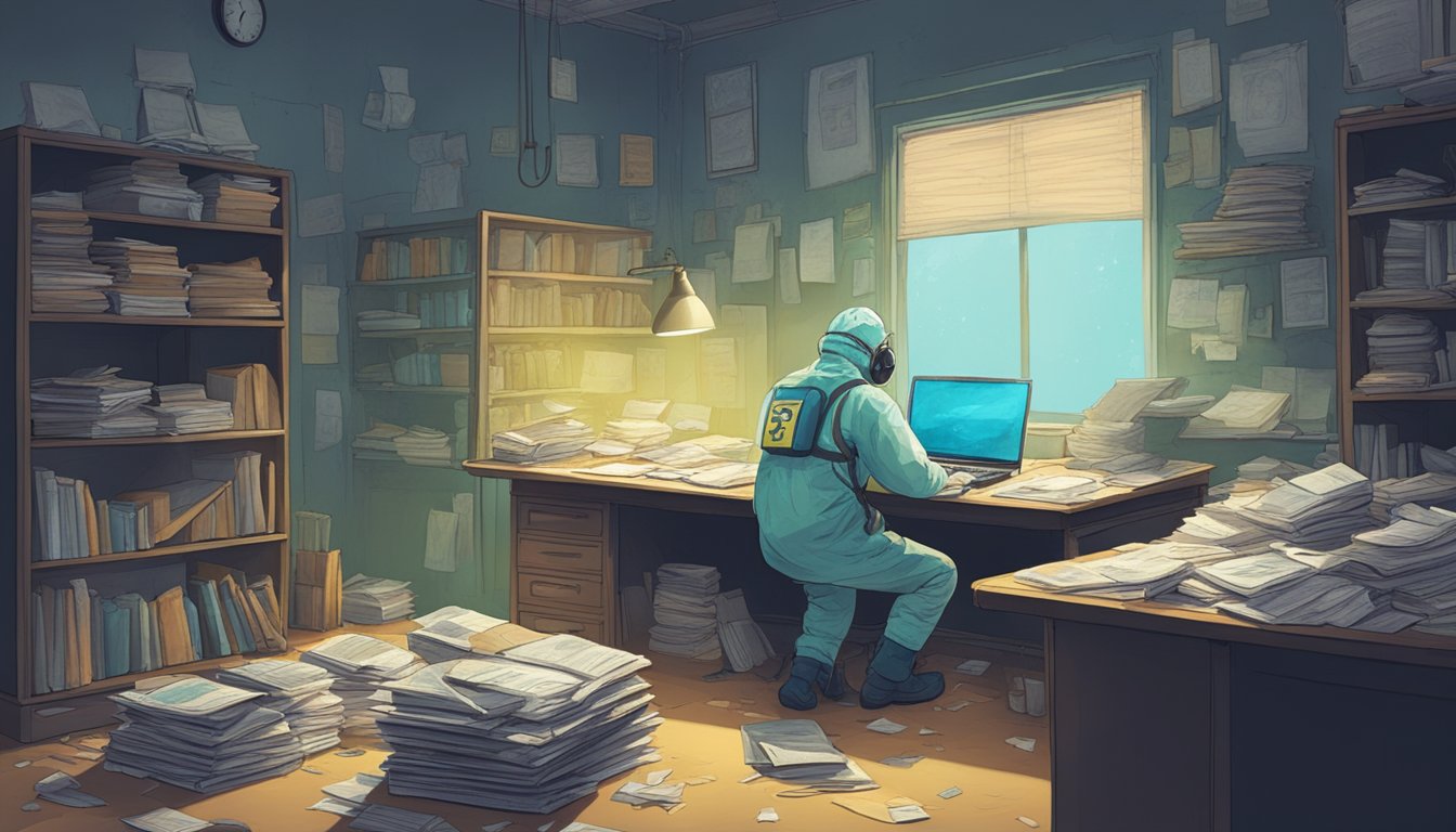 A dimly lit room with peeling walls and visible mold growth. Books and papers scattered on a desk. A person in a hazmat suit conducting air quality tests