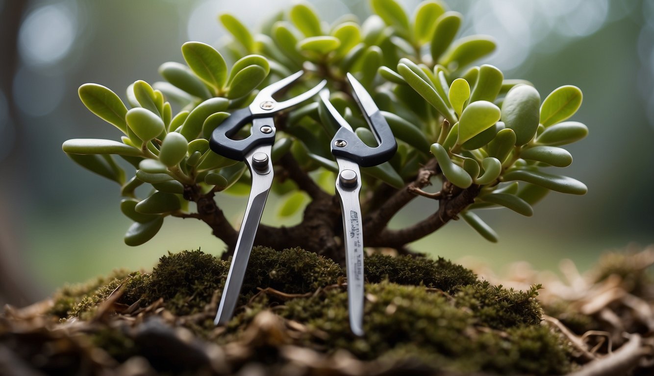 A pair of pruning shears cuts through a jade plant's thick stems, shaping it into a bonsai-like form. Fallen leaves and small branches litter the ground