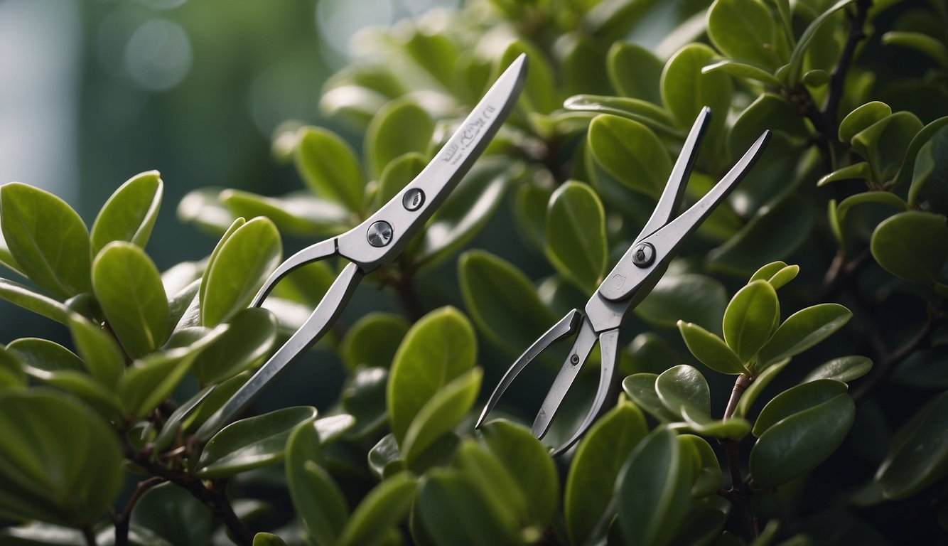 A pair of pruning shears carefully trims back the overgrown leaves of a jade plant, shaping it into a neat and tidy form