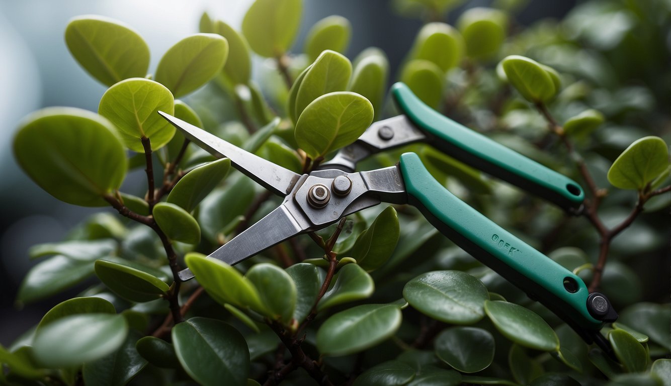 A pair of pruning shears carefully trims back the overgrown leaves of a jade plant, ensuring a healthy and well-managed appearance