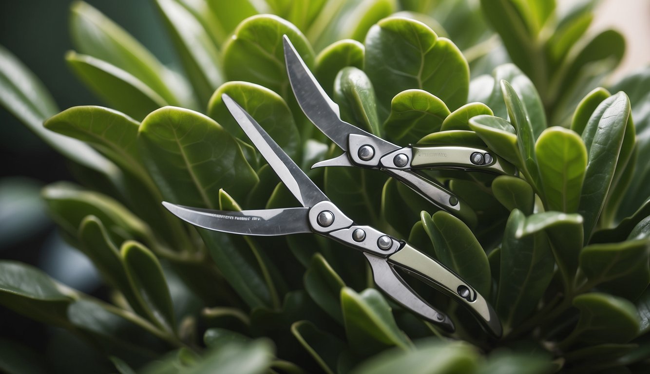 A pair of sharp pruning shears carefully trims back the lush green leaves of a jade plant, revealing a carefully sculpted and balanced form