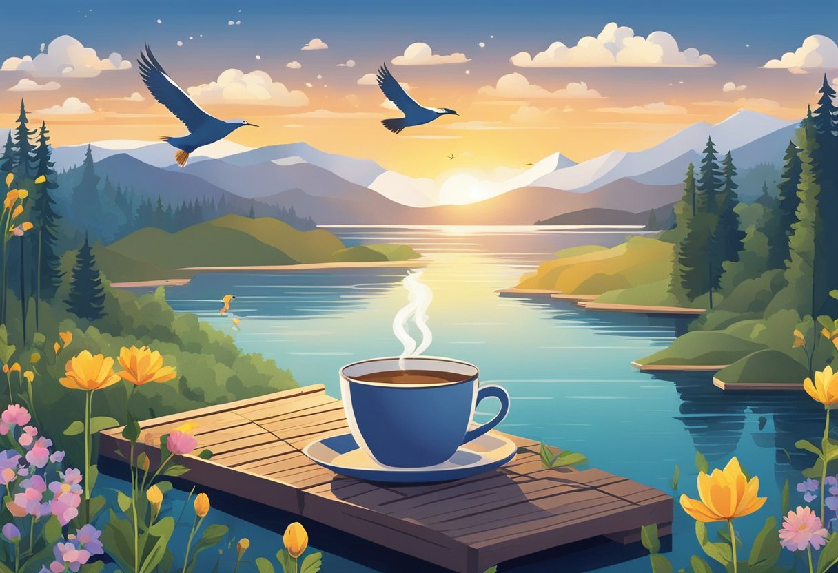 Sunrise over a tranquil lake, with mist rising and birds chirping. A cup of steaming coffee sits on a wooden dock, surrounded by wildflowers
