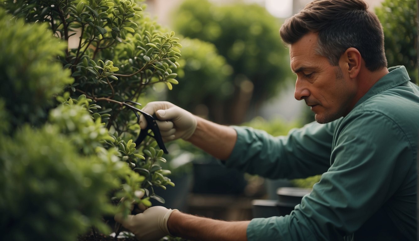 A gardener carefully trims back the overgrown branches of a jade plant, considering the seasonal needs of the plant