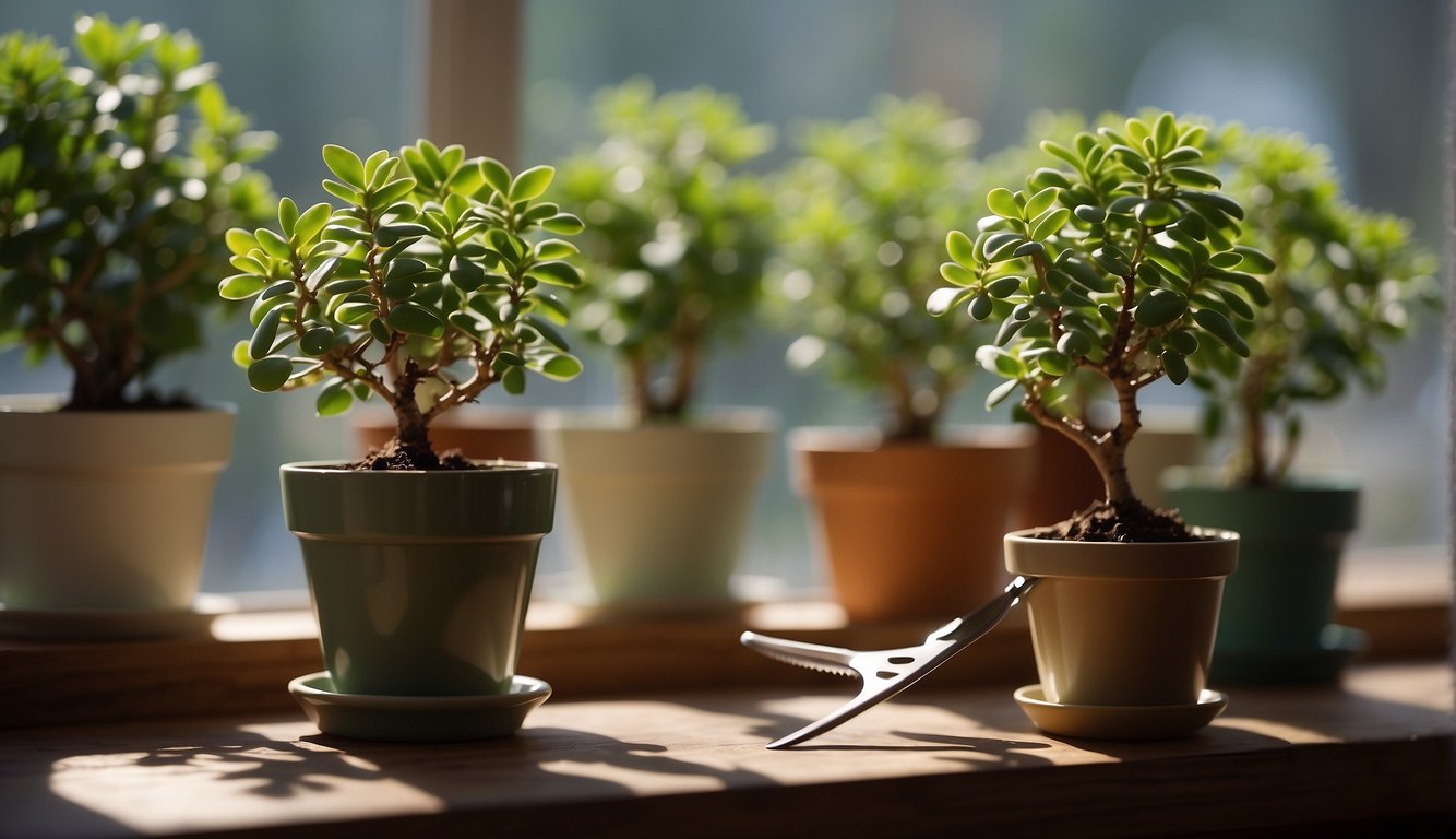 Jade plant being pruned with sharp shears, discarded leaves on the ground, potted plant on a sunny windowsill