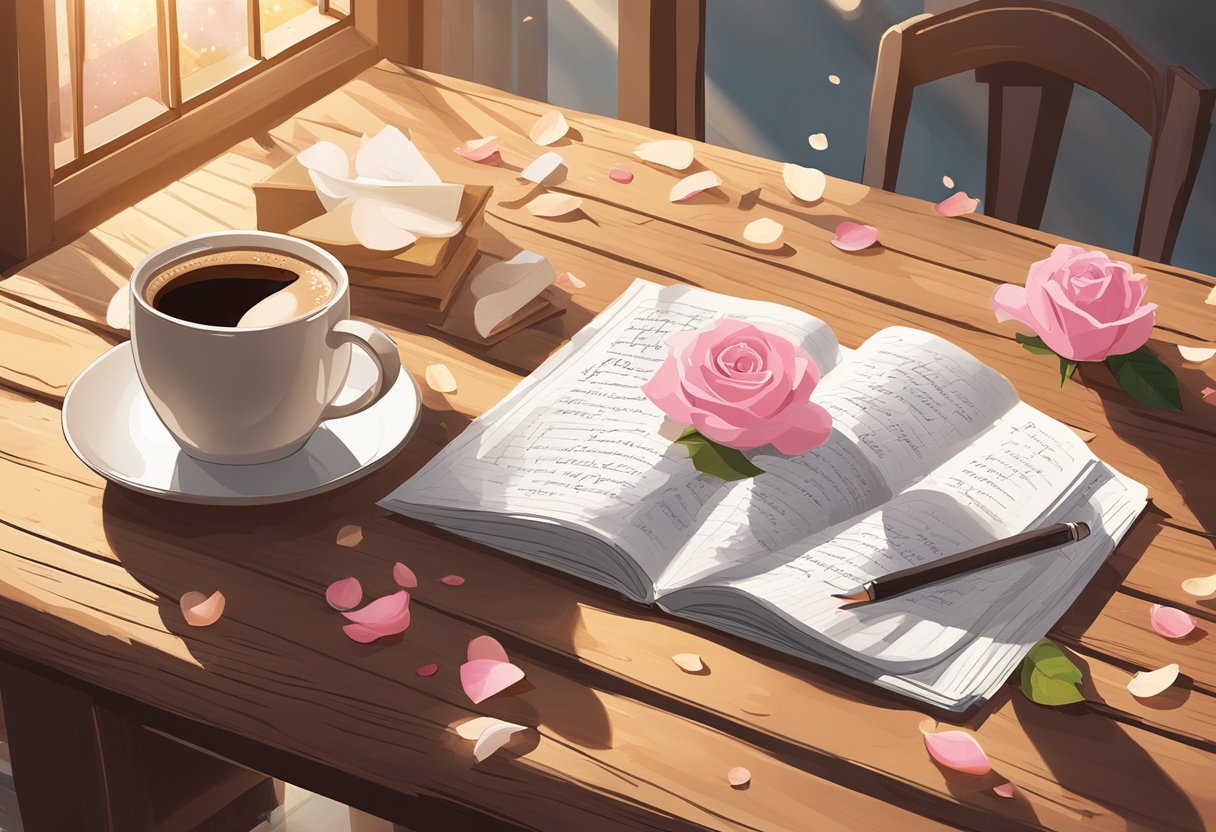 A steaming cup of coffee sits on a rustic wooden table, surrounded by a scattering of rose petals and a handwritten note with the words "Good Morning" on it. Sunlight streams in through a nearby window, casting a warm glow over the scene