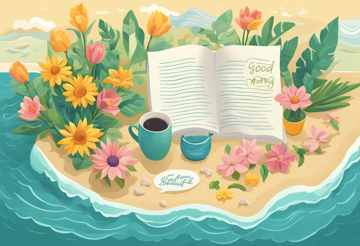 Sunrise over a tranquil beach, with waves gently lapping the shore. A colorful bouquet of flowers sits on a table, with a handwritten note that reads "Good morning, beautiful."