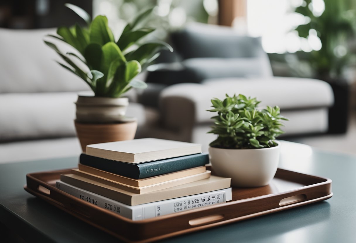 A coffee table with a stack of books, a decorative tray, and a small potted plant arranged in a balanced and visually appealing manner