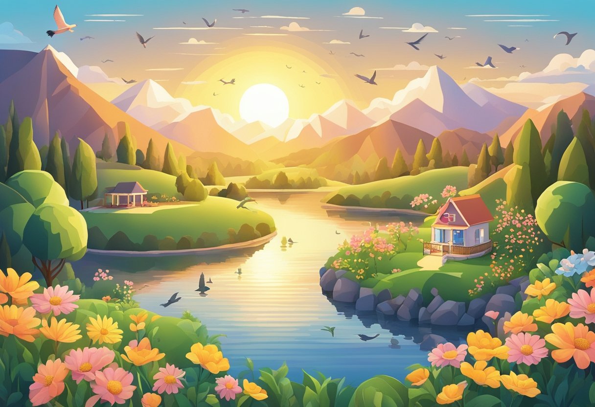 A sun rising over a tranquil landscape, with birds chirping and flowers blooming, creating a peaceful and romantic atmosphere for a good morning