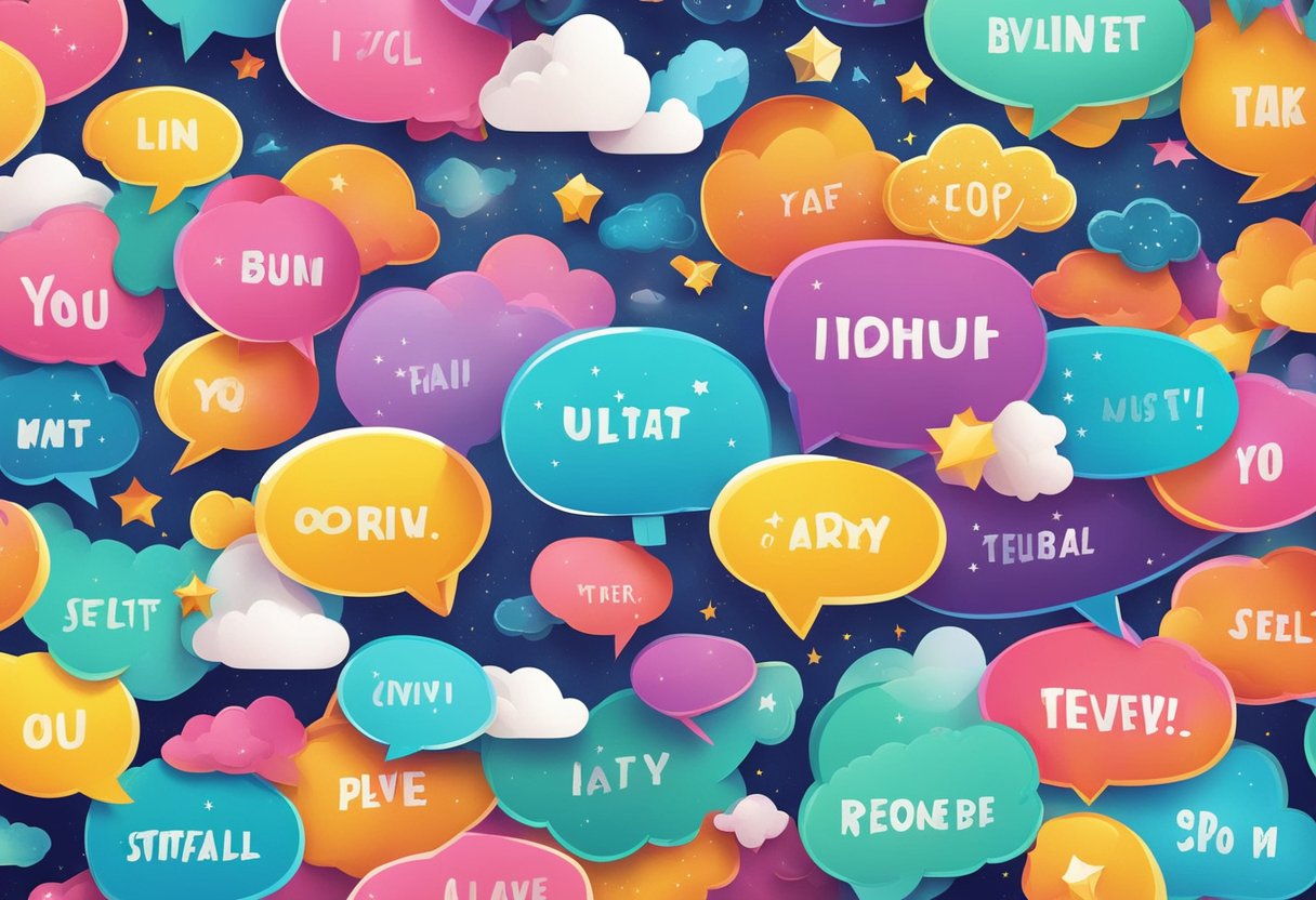 Colorful speech bubbles with inspiring quotes floating in the air. Bright background with stars and clouds