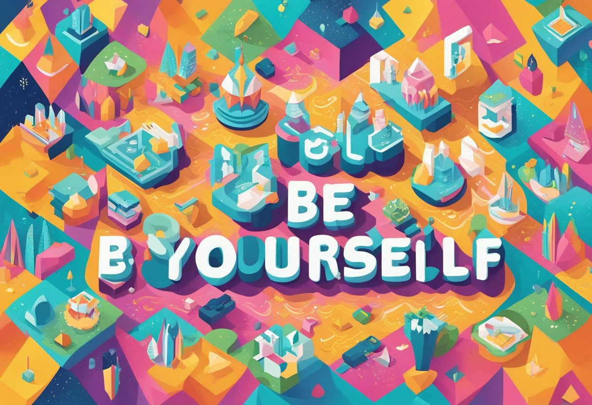A colorful array of uplifting "be yourself" quotes displayed on a vibrant background, surrounded by whimsical illustrations and decorative elements