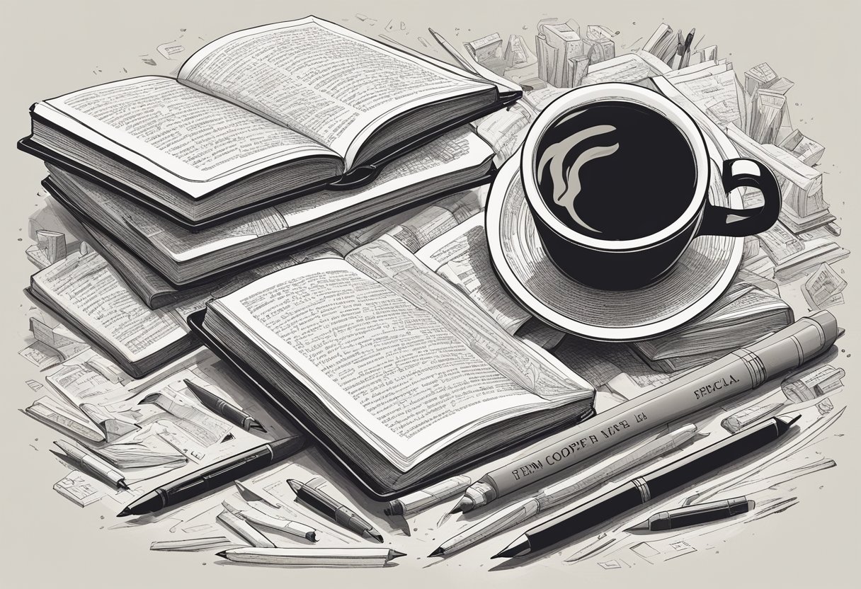 A pile of open books with quotes on them, surrounded by scattered pens and pencils. A mug of coffee sits nearby, steam rising