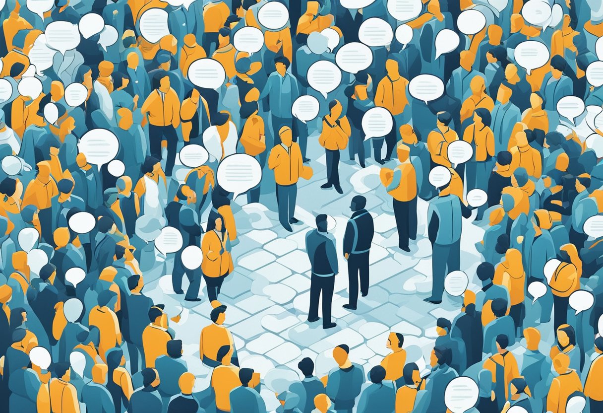 A figure stands alone in a crowded room, surrounded by speech bubbles filled with quotes. Each bubble is turned away, leaving the figure isolated
