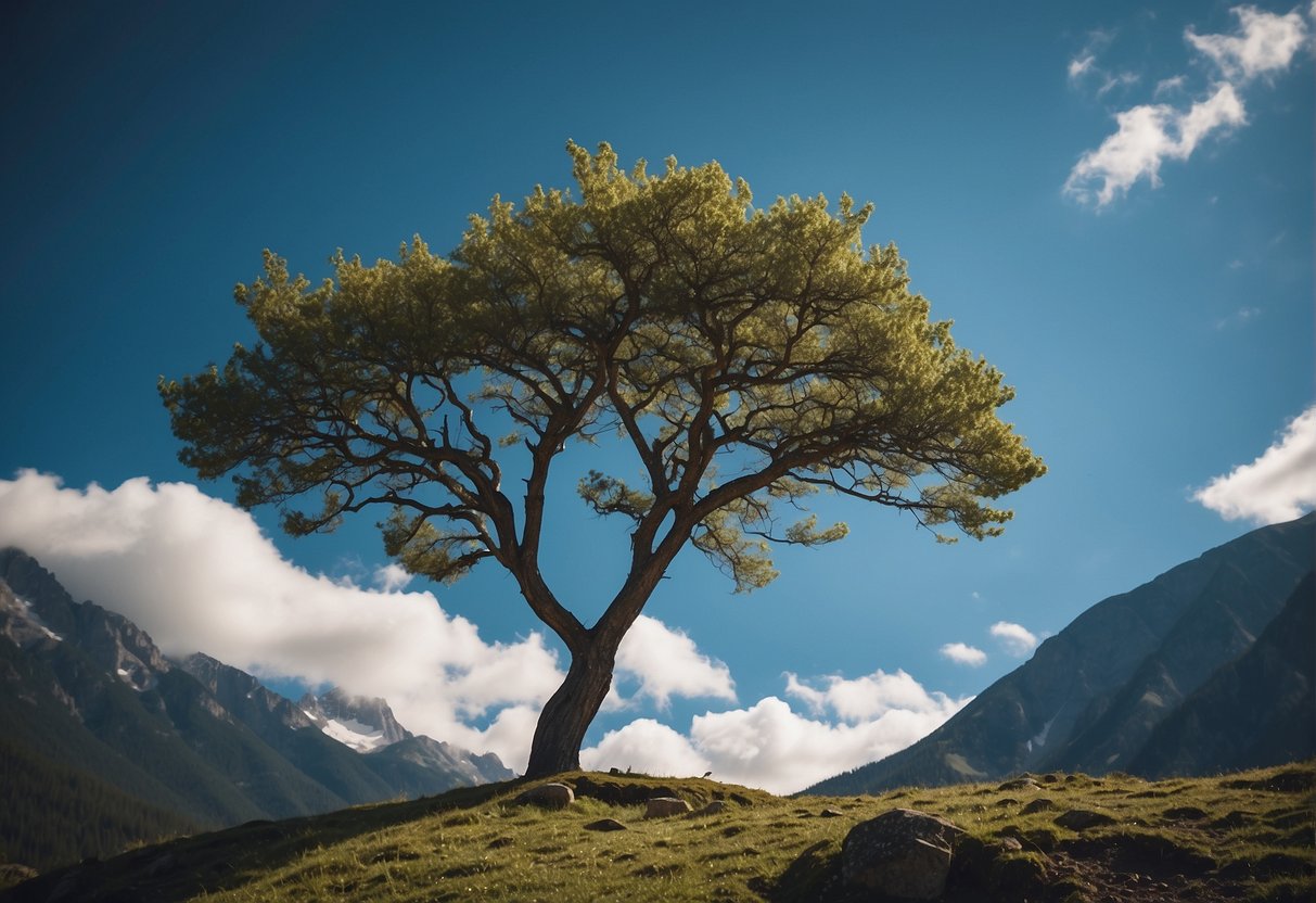 A serene mountain peak with a clear blue sky and a single tree reaching towards the heavens, symbolizing the elevation of mindset