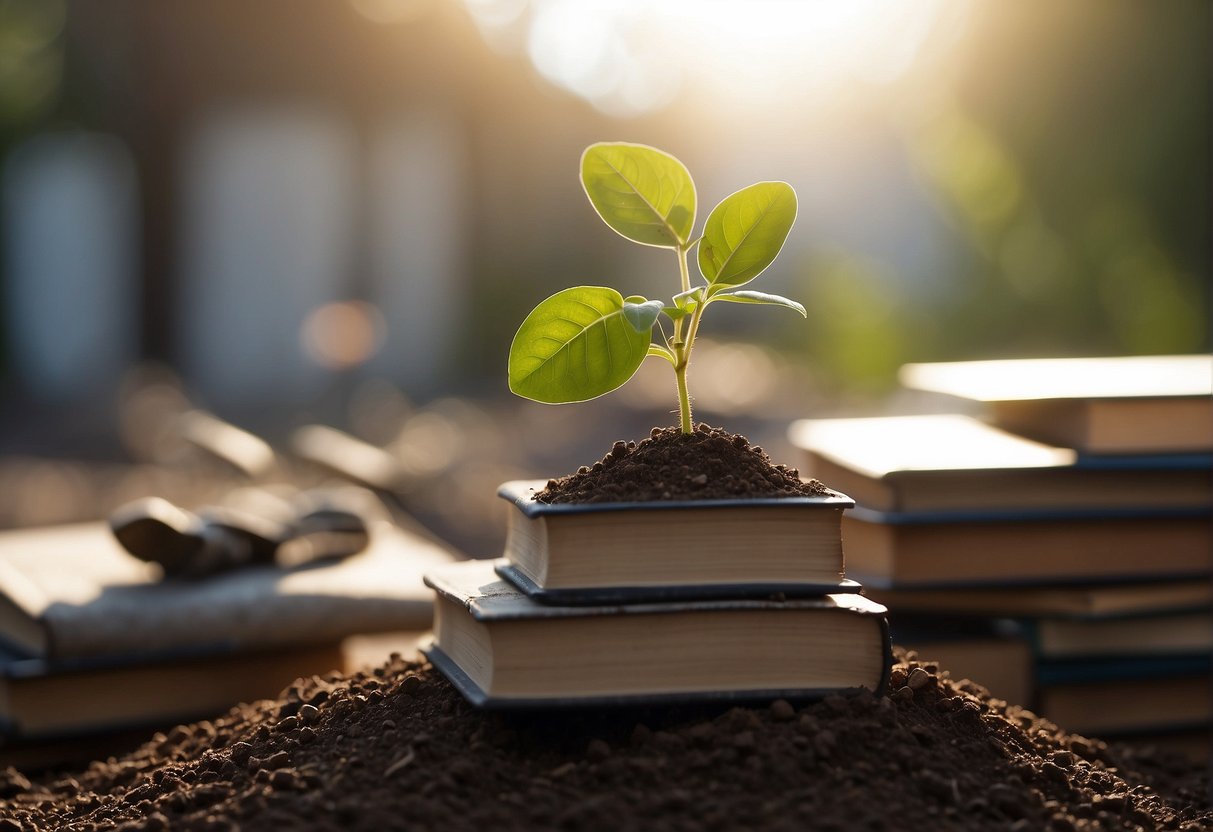 A seedling breaking through the soil, reaching towards the sunlight, surrounded by books and a ladder symbolizing growth and learning