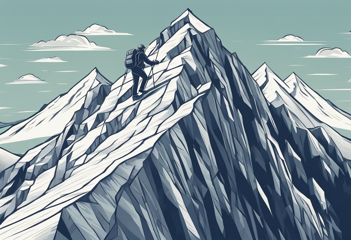 A mountain climber scaling a steep peak, facing adversity but continuing onward with determination and resilience