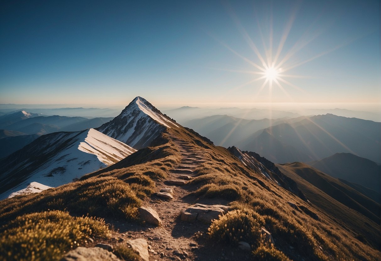 A mountain peak with a clear path leading to the top, surrounded by blue skies and a radiant sun, representing the journey towards achieving elevated mindset