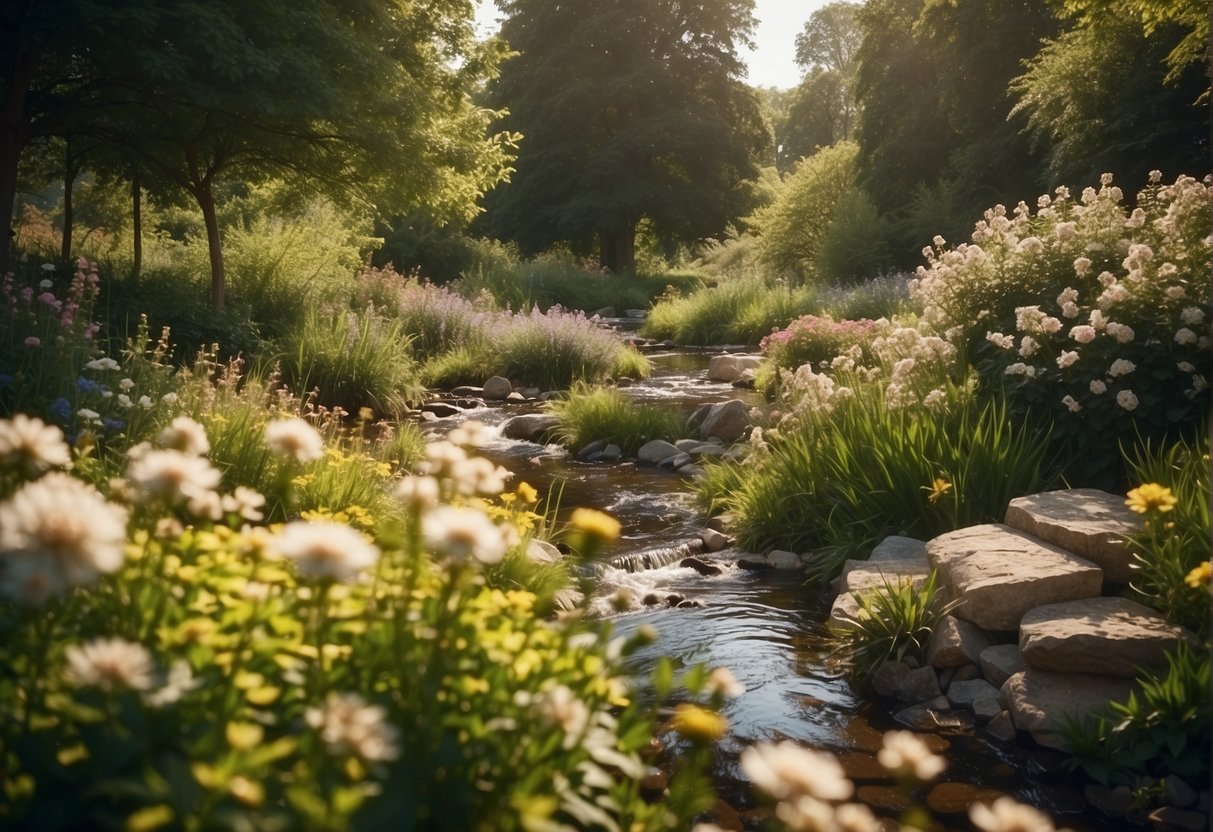 A serene garden with blooming flowers and a calm stream, surrounded by lush green trees and a clear blue sky