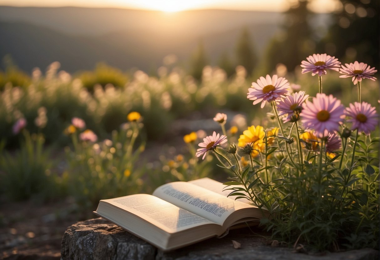 A bright sun rises over a serene landscape, with vibrant flowers blooming and a clear blue sky. A book titled "Fostering Positivity" sits open on a peaceful, inviting bench