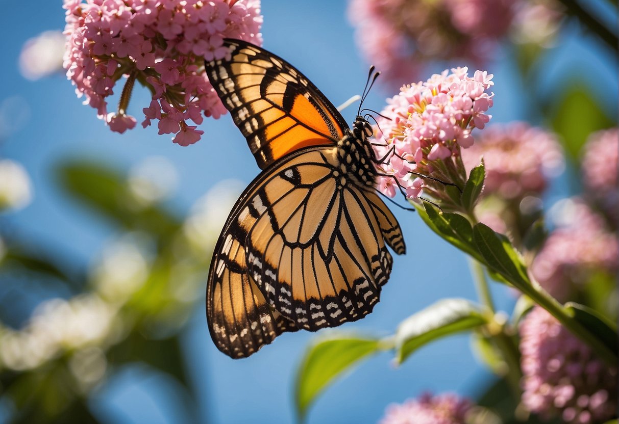 A butterfly emerging from a chrysalis, surrounded by vibrant flowers and a bright, clear sky