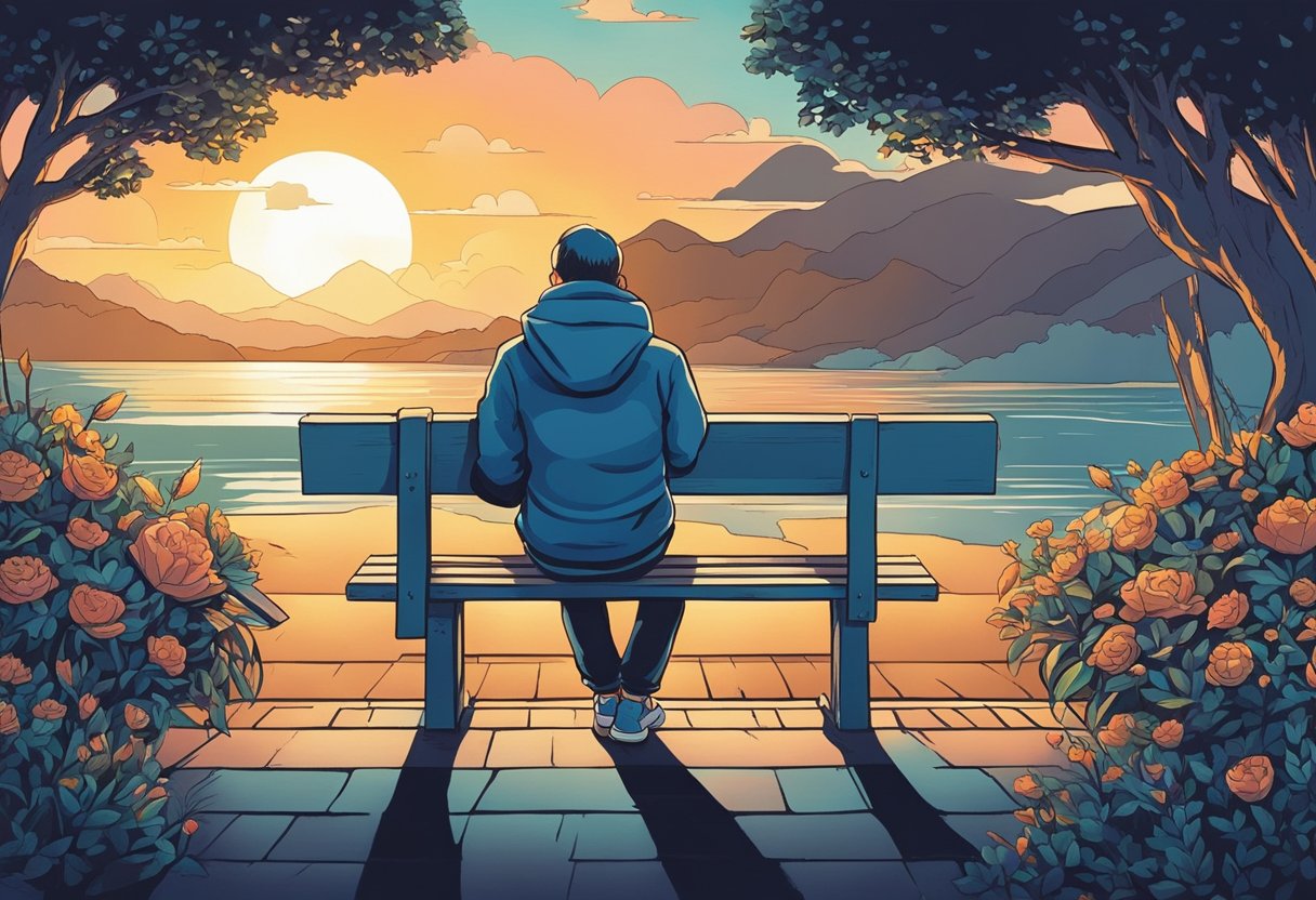 A solitary figure sits on a bench, gazing at a sunset. A handwritten note with "I miss you" is clutched in their hand