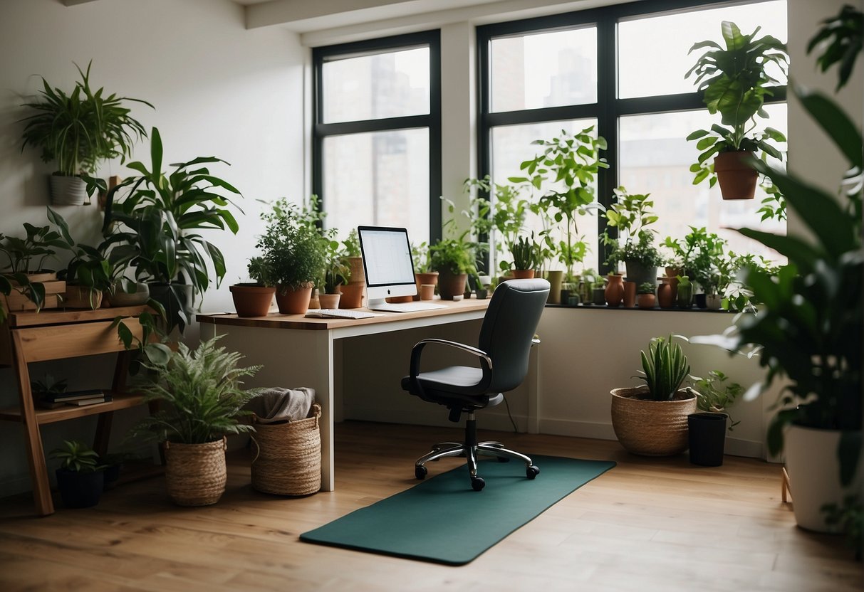 A serene office space with a desk surrounded by plants and natural light, a yoga mat in the corner, and a calendar with scheduled self-care activities