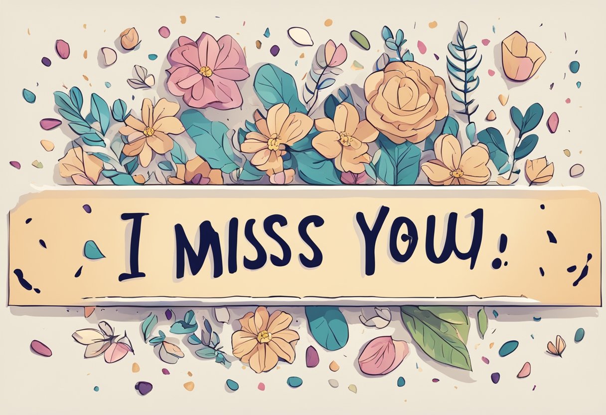 A handwritten note with the words "I miss you" surrounded by scattered flower petals and tear stains