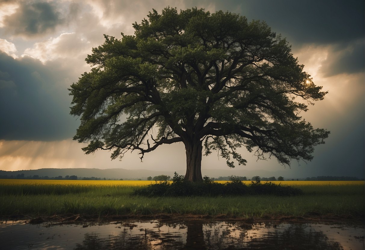 A lone tree stands tall amidst a storm, its roots firmly grounded as it weathers the wind and rain. The sun breaks through the clouds, casting a warm glow on the resilient tree