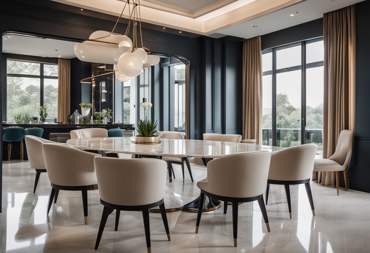 A luxurious marble dining table sits center stage in a modern Birmingham showroom, bathed in natural light and surrounded by elegant chairs