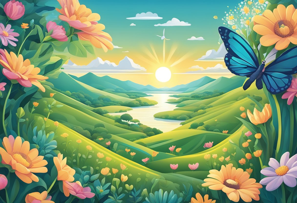 A sunrise over a tranquil landscape, with a budding flower and a butterfly emerging from its cocoon, surrounded by uplifting quotes