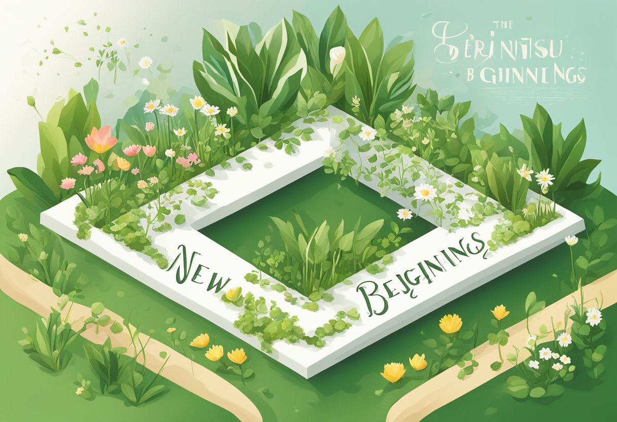 A blank canvas with the words "New Beginnings Quotes" written in elegant script, surrounded by sprouting plants and budding flowers
