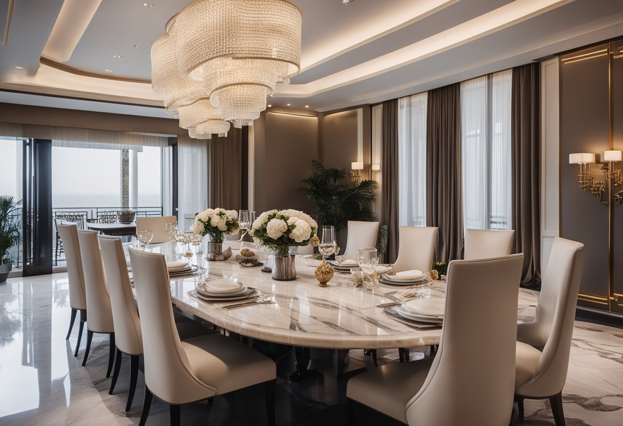 A luxurious marble dining table stands in a well-lit room, surrounded by elegant chairs. The table's smooth surface gleams under the light, showcasing its exquisite craftsmanship