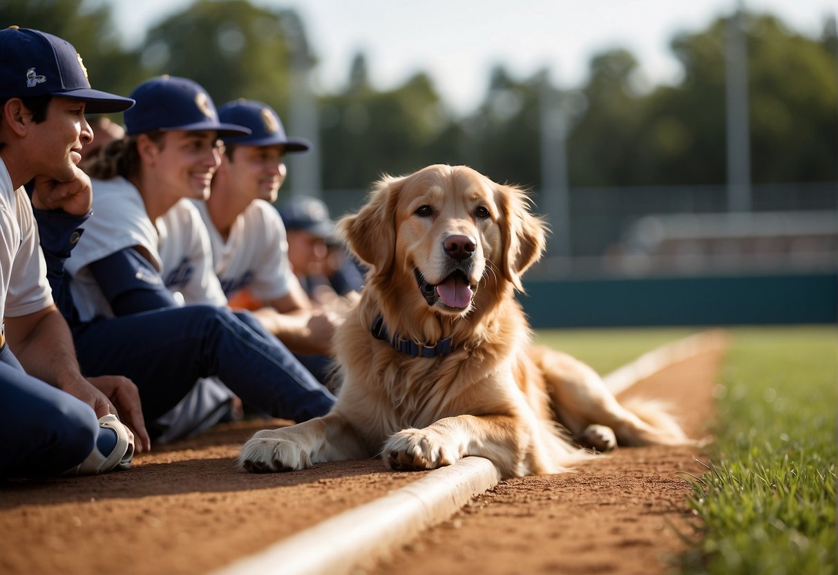 Bruce the golden retriever sits on the dugout, players patting his head for luck. The team wins, celebrating with Bruce on the field