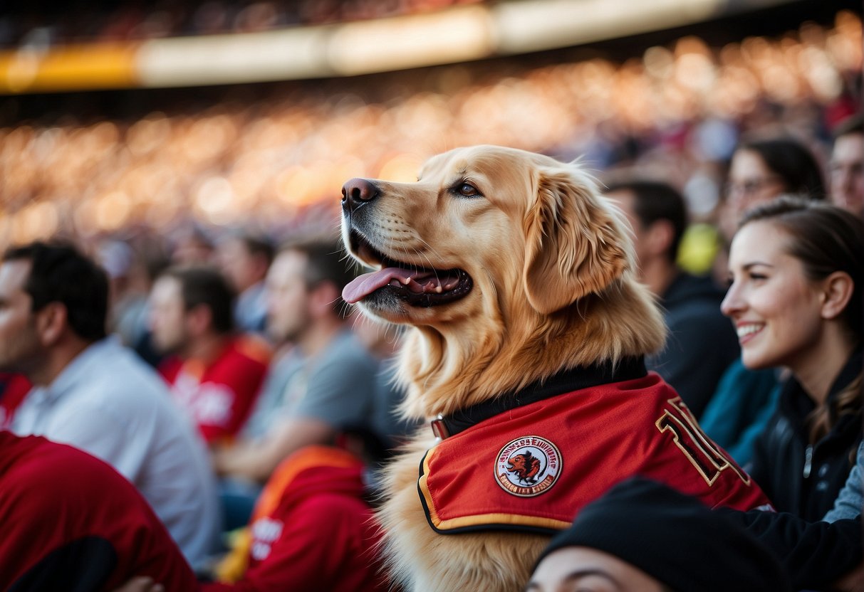 A golden retriever named Bruce sits on the field, surrounded by cheering fans. He wears a Rochester Red Wings jersey, becoming the team's new lucky charm