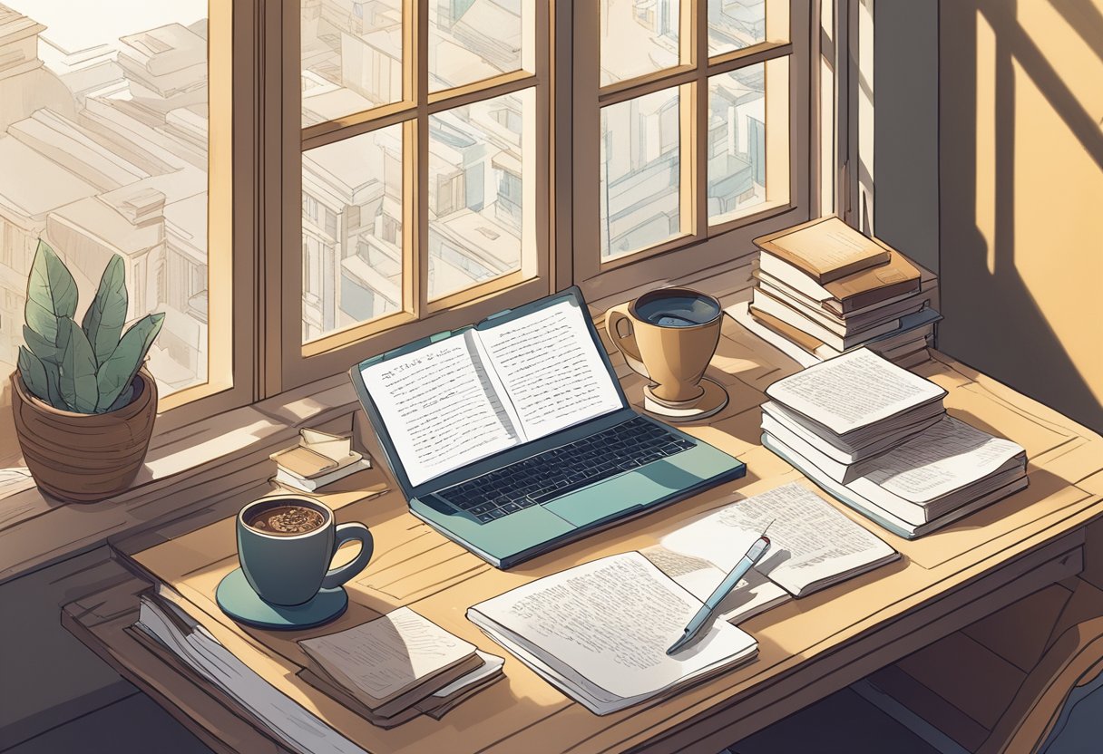 Soft light filters through window, casting gentle shadows on a desk cluttered with books and papers. A steaming cup of coffee sits beside a notebook filled with handwritten quotes
