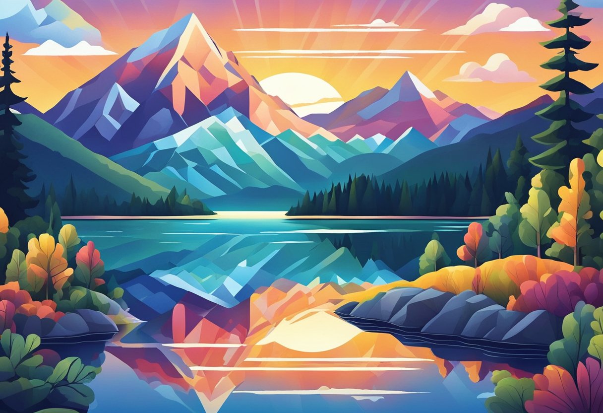 A vibrant sunrise illuminates a tranquil landscape, with a majestic mountain range in the distance and a serene lake reflecting the sky's colors